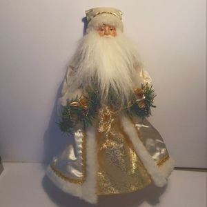 Old world Santa tree topper white satin and gold ceramic head